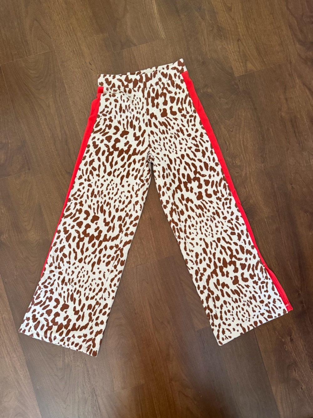 Animal Print Wide-Leg Pants with Red Side Stripe